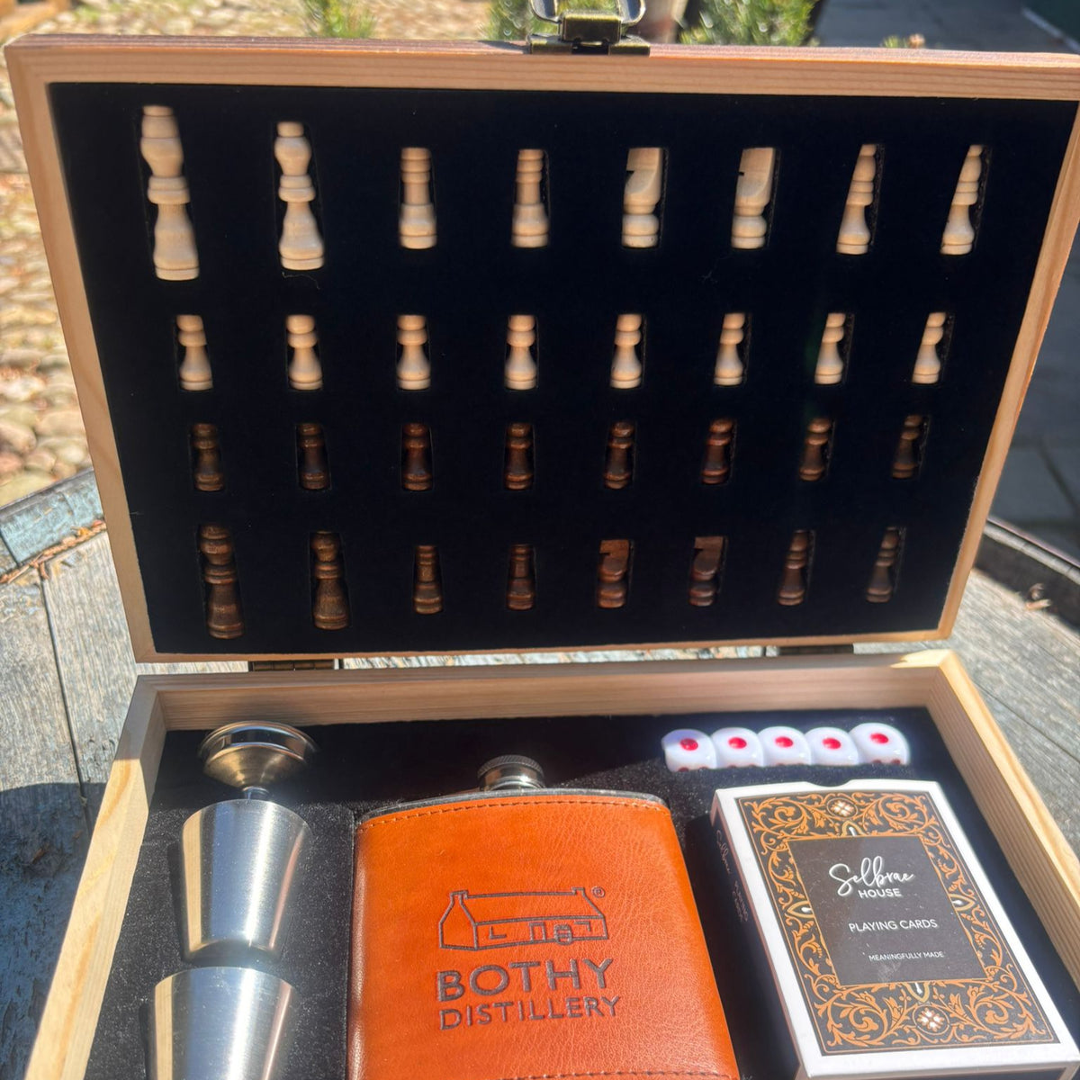 Bothy Distillery Luxury Chess Set with Playing Cards & Branded Hip Flask