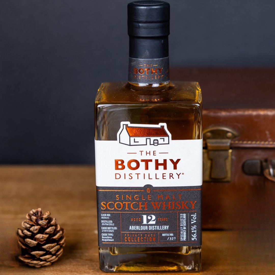 Aberlour 12 year old whisky by Bothy Distillery with pine cone next to it