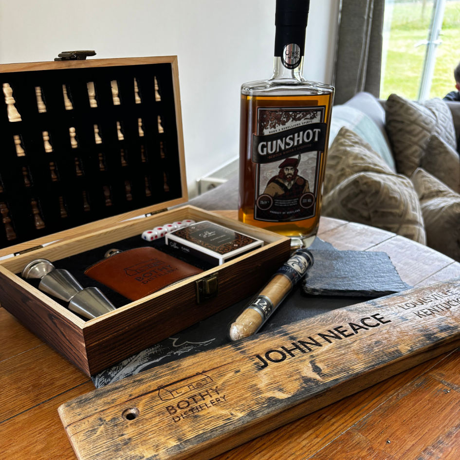 Bothy Distillery Luxury Chess Set with Playing Cards & Branded Hip Flask