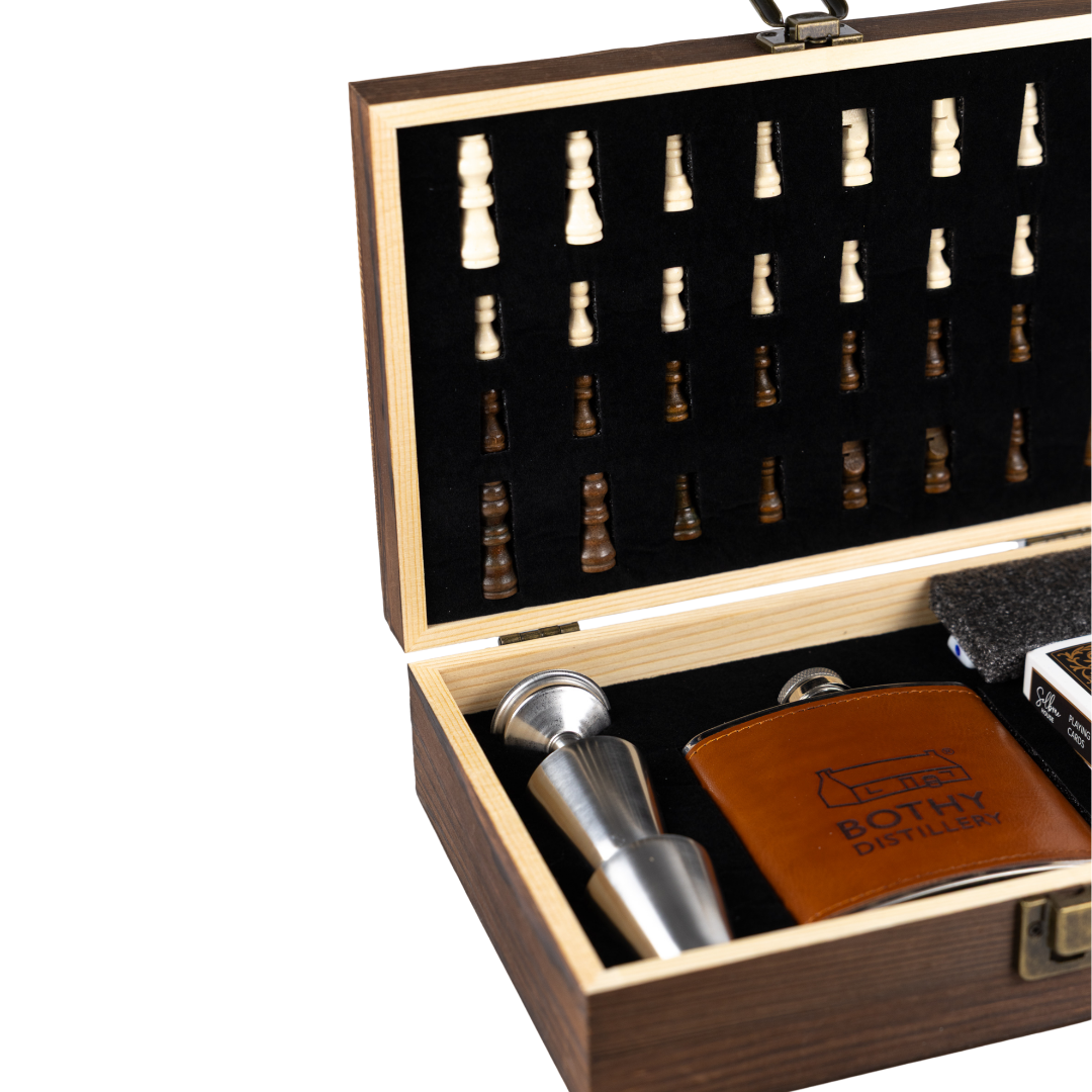 Bothy Distillery Luxury Chess Set with Playing Cards & Branded Hip Flask