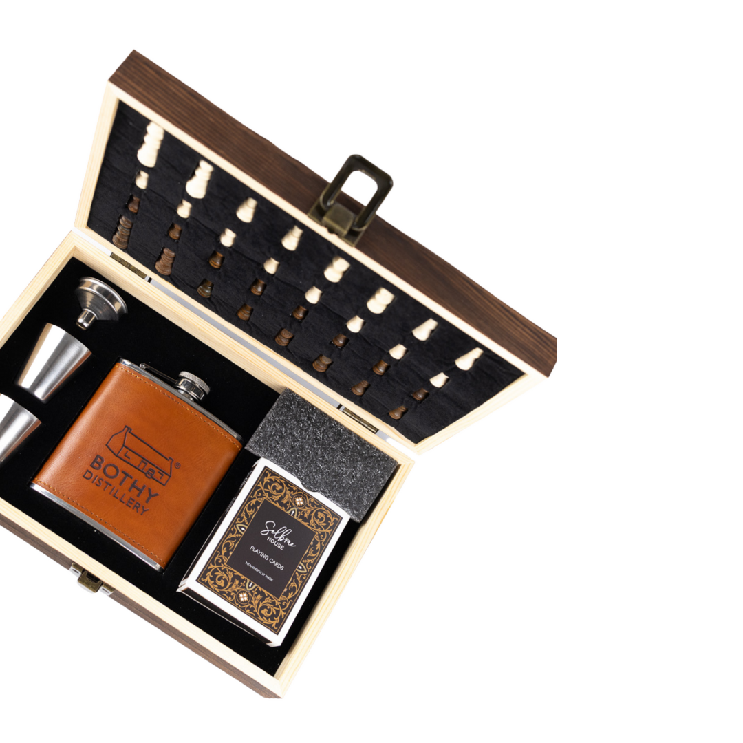 Bothy Distillery Luxury Chess Set with Playing Cards & Branded Hip Flask