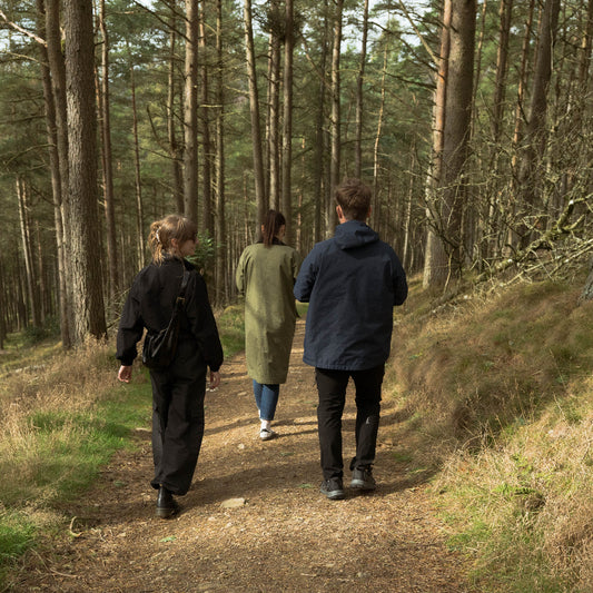 Three people walking along a path in a forest